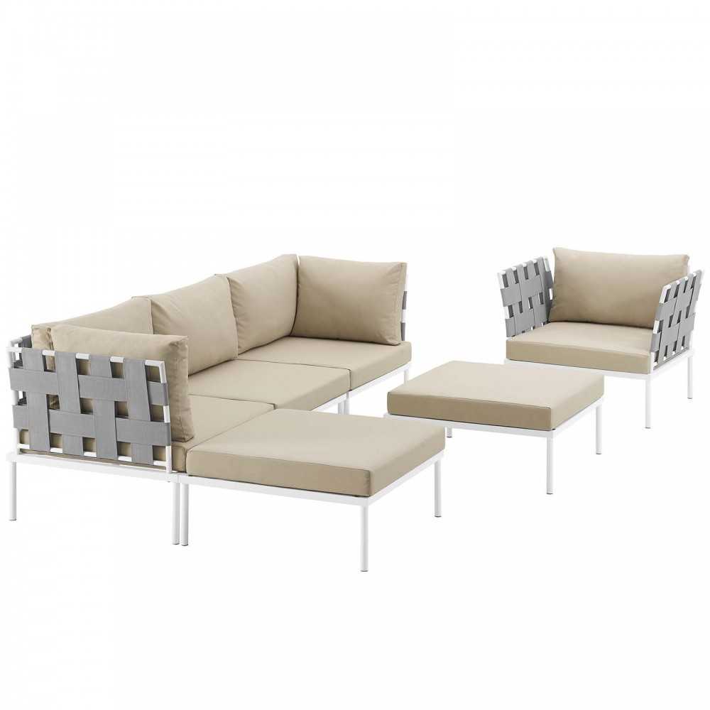 Harmony 6 Piece Outdoor Patio Aluminum Sectional Sofa Set, White Beige, EEI-2626-WHI-BEI-SET