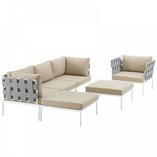 Harmony 6 Piece Outdoor Patio Aluminum Sectional Sofa Set, White Beige, EEI-2626-WHI-BEI-SET