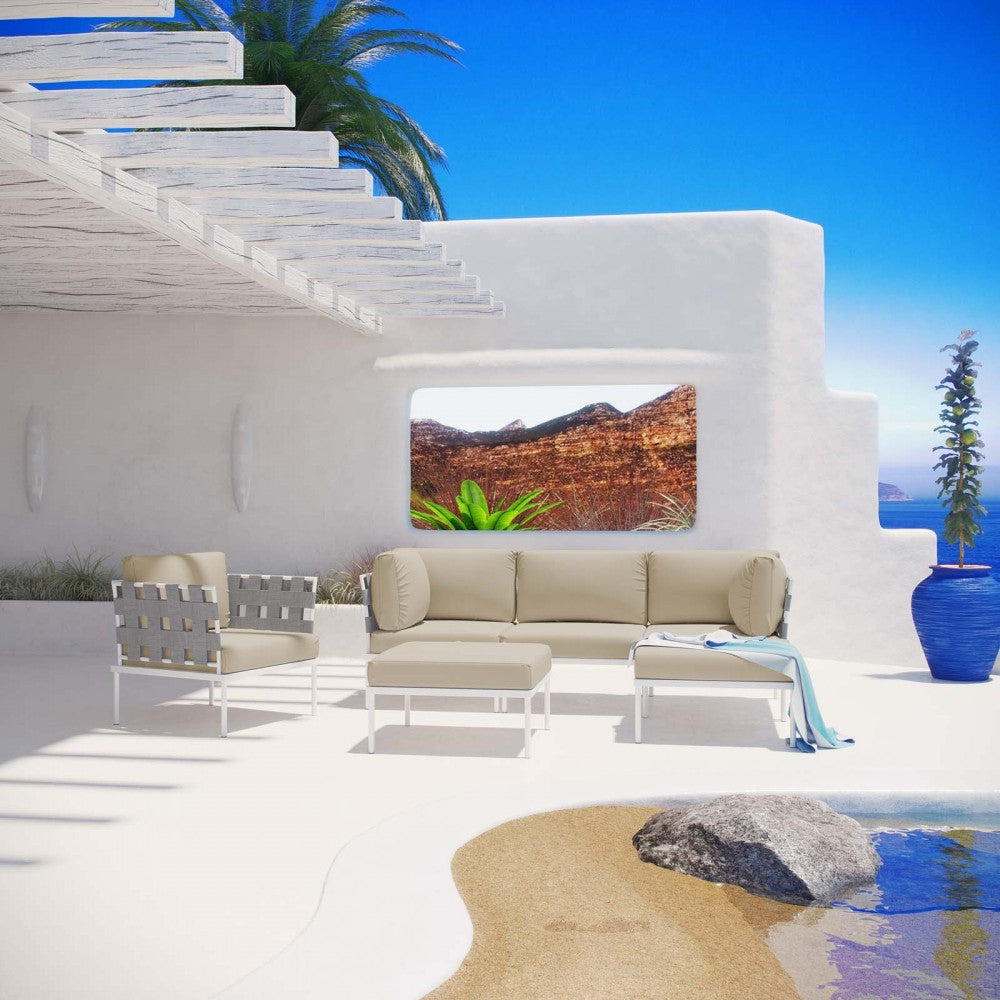 Harmony 6 Piece Outdoor Patio Aluminum Sectional Sofa Set, White Beige, EEI-2626-WHI-BEI-SET