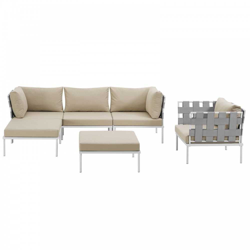 Harmony 6 Piece Outdoor Patio Aluminum Sectional Sofa Set, White Beige, EEI-2626-WHI-BEI-SET