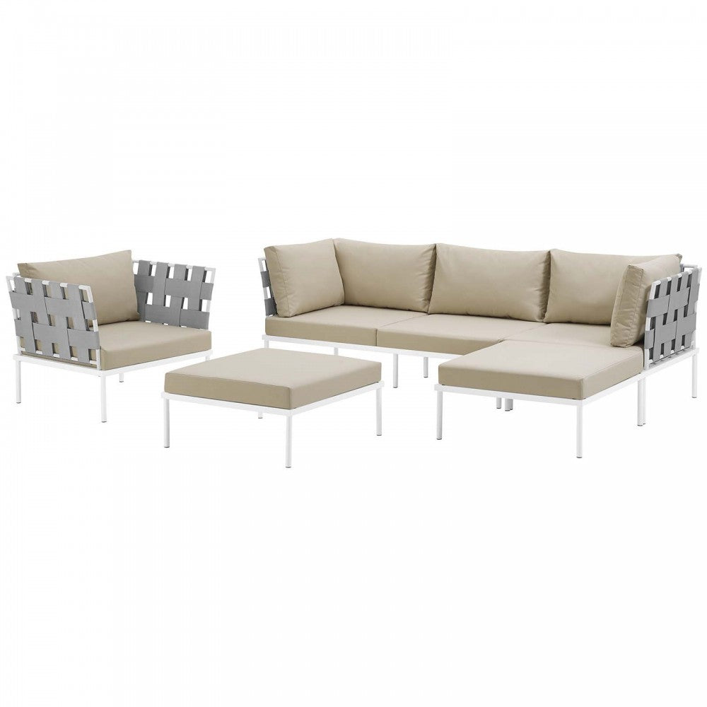 Harmony 6 Piece Outdoor Patio Aluminum Sectional Sofa Set, White Beige, EEI-2626-WHI-BEI-SET