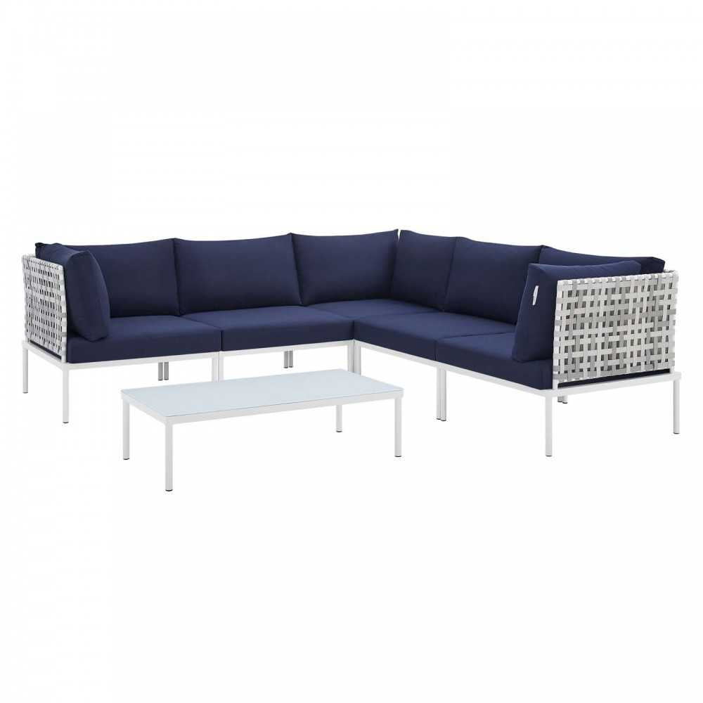 Harmony 6-Piece Sunbrella Basket Weave Outdoor Patio Aluminum Sectional Sofa Set, Taupe Navy