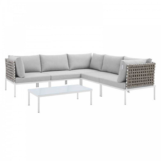 Harmony 6-Piece Sunbrella Basket Weave Outdoor Patio Aluminum Sectional Sofa Set, Tan Gray