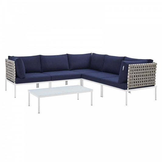 Harmony 6-Piece Sunbrella Basket Weave Outdoor Patio Aluminum Sectional Sofa Set, Tan Navy