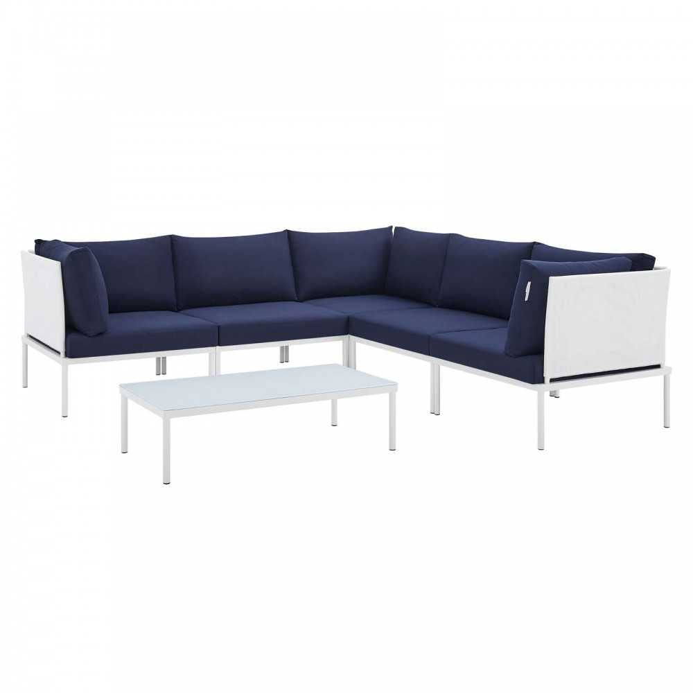 Harmony 6-Piece Sunbrella Outdoor Patio Aluminum Sectional Sofa Set, White Navy