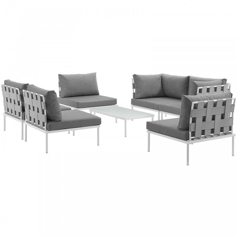 Harmony 7 Piece Outdoor Patio Aluminum Sectional Sofa Set, White Gray, EEI-2617-WHI-GRY-SET