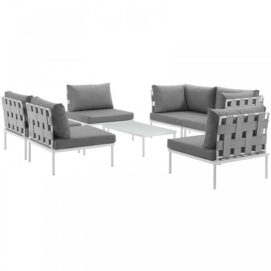 Harmony 7 Piece Outdoor Patio Aluminum Sectional Sofa Set, White Gray, EEI-2617-WHI-GRY-SET