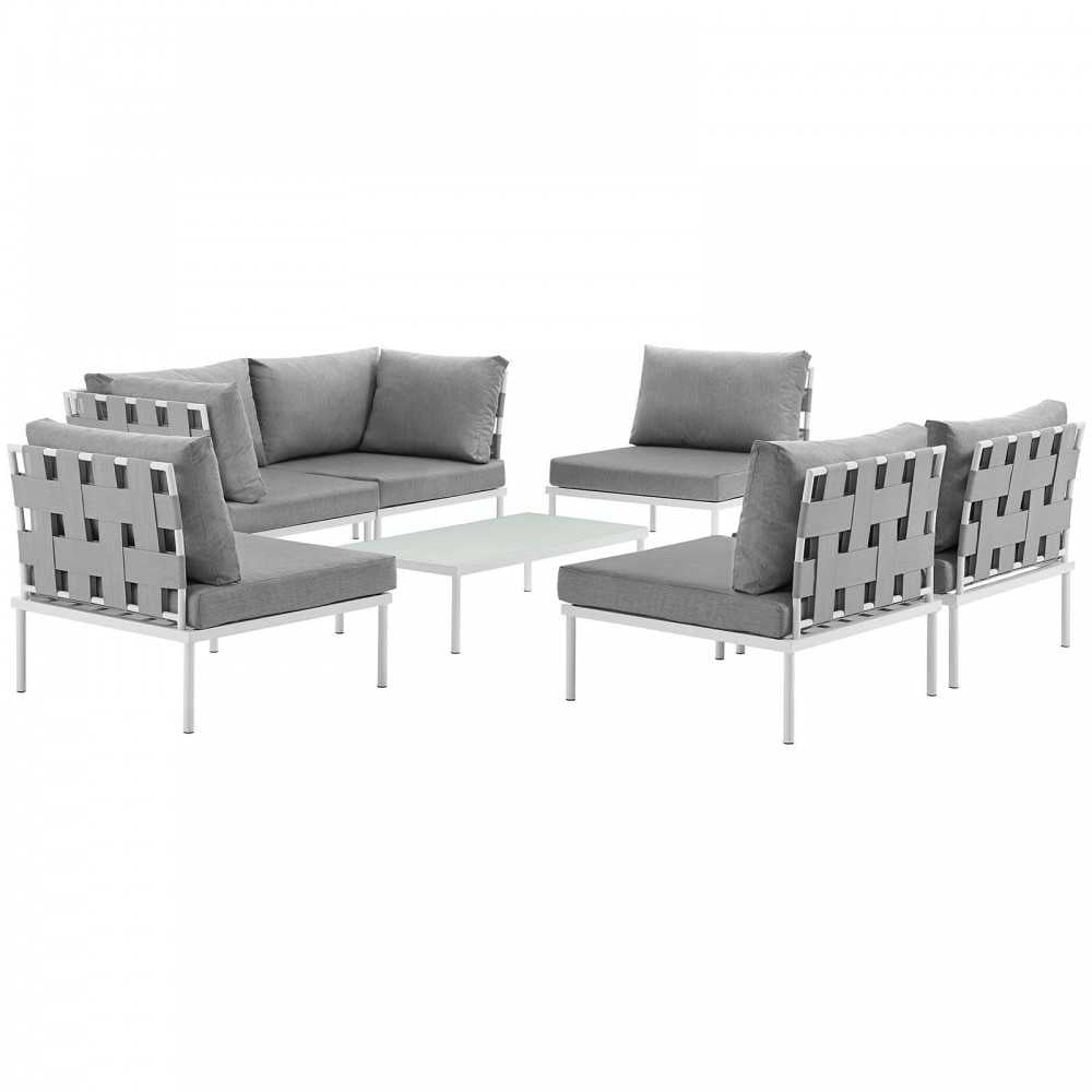 Harmony 7 Piece Outdoor Patio Aluminum Sectional Sofa Set, White Gray, EEI-2617-WHI-GRY-SET