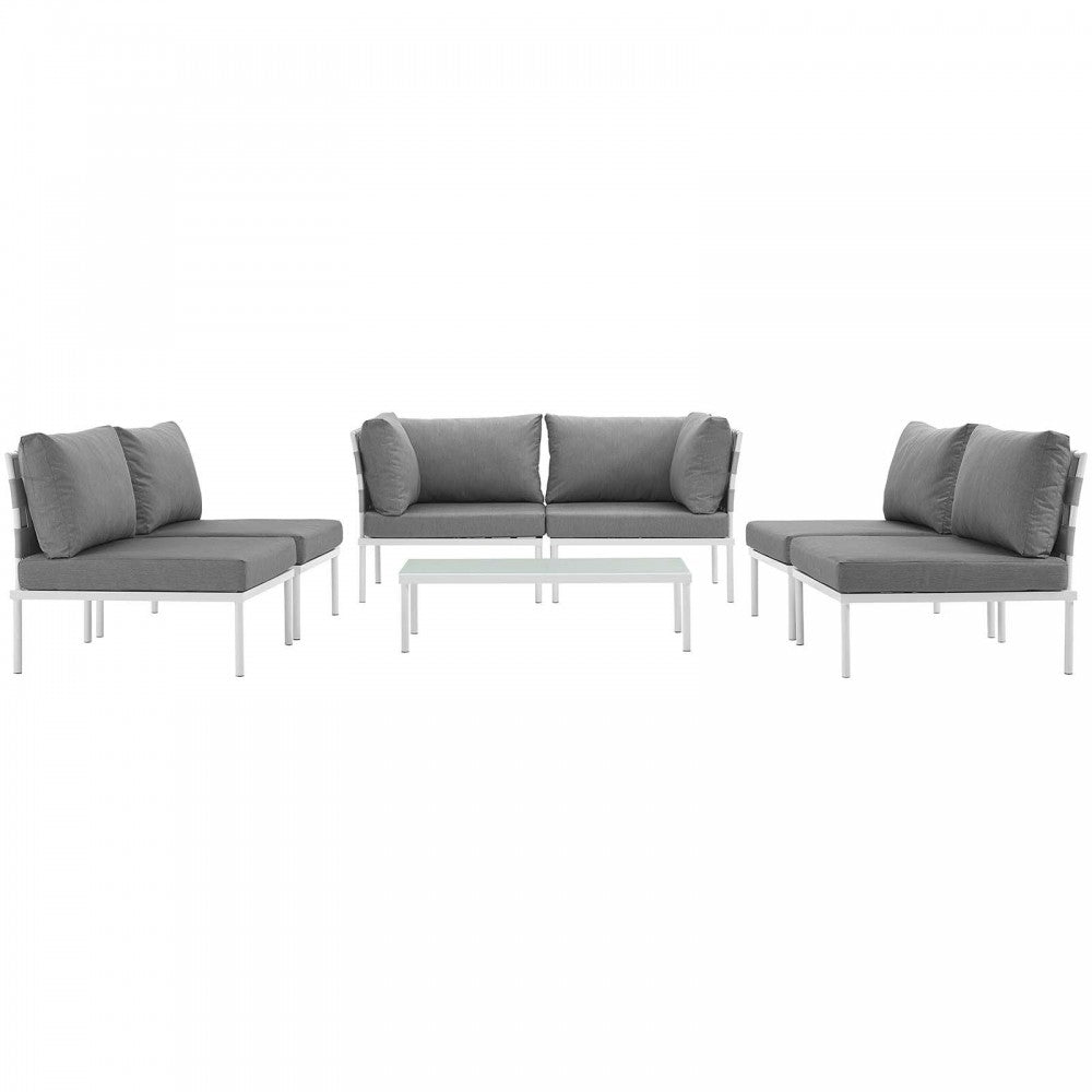 Harmony 7 Piece Outdoor Patio Aluminum Sectional Sofa Set, White Gray, EEI-2617-WHI-GRY-SET