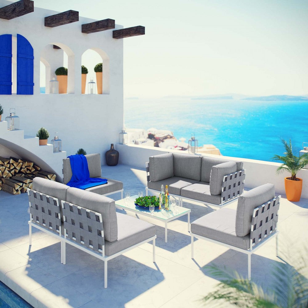 Harmony 7 Piece Outdoor Patio Aluminum Sectional Sofa Set, White Gray, EEI-2617-WHI-GRY-SET