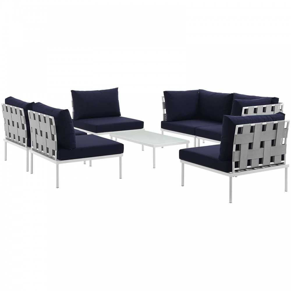 Harmony 7 Piece Outdoor Patio Aluminum Sectional Sofa Set, White Navy, EEI-2617-WHI-NAV-SET