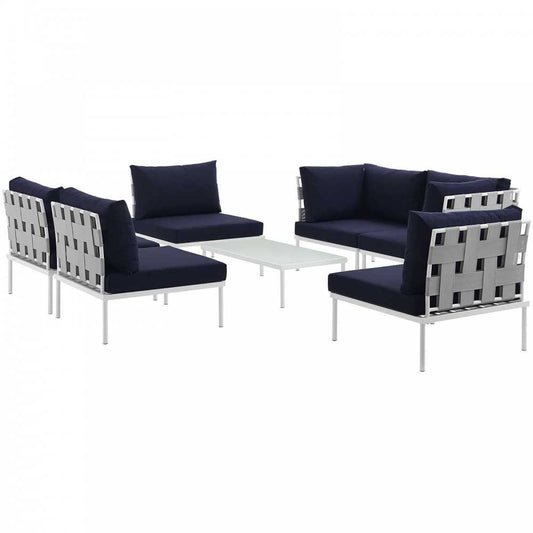 Harmony 7 Piece Outdoor Patio Aluminum Sectional Sofa Set, White Navy, EEI-2617-WHI-NAV-SET