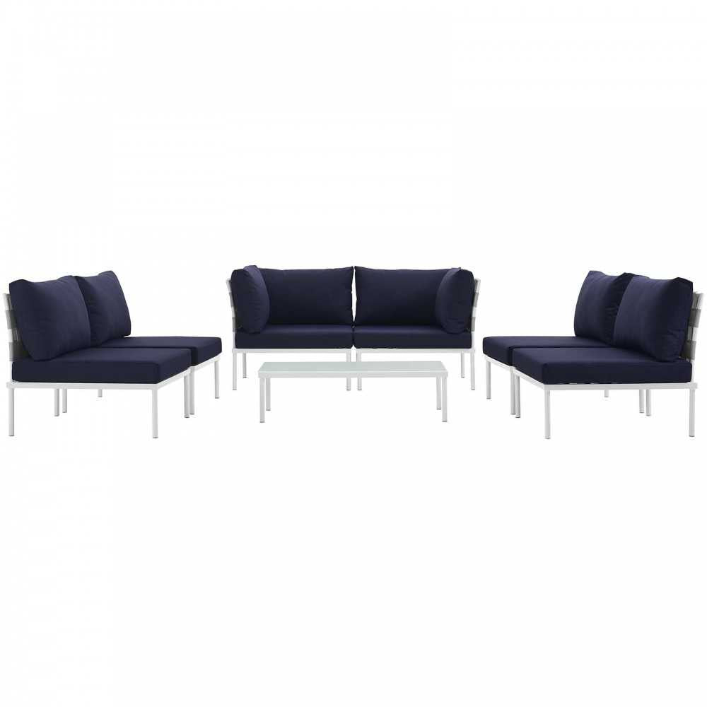 Harmony 7 Piece Outdoor Patio Aluminum Sectional Sofa Set, White Navy, EEI-2617-WHI-NAV-SET