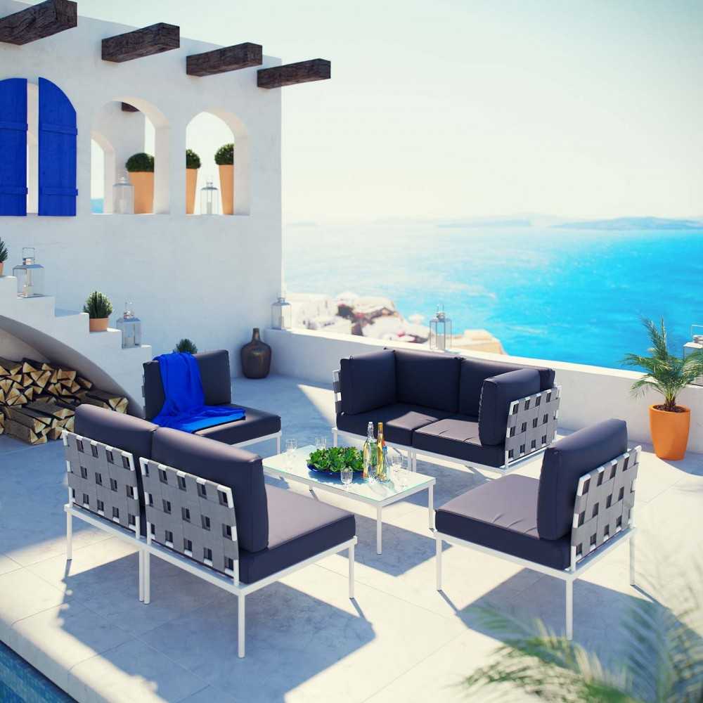 Harmony 7 Piece Outdoor Patio Aluminum Sectional Sofa Set, White Navy, EEI-2617-WHI-NAV-SET