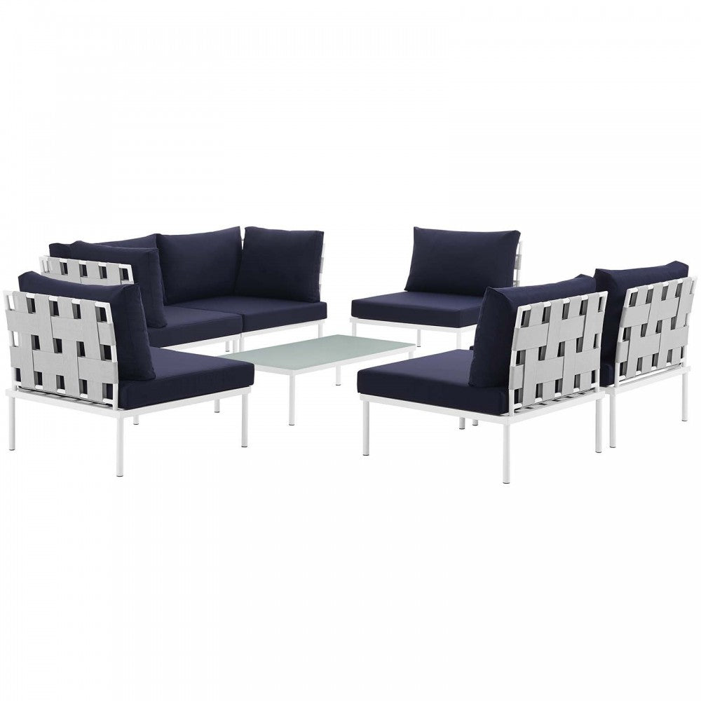 Harmony 7 Piece Outdoor Patio Aluminum Sectional Sofa Set, White Navy, EEI-2617-WHI-NAV-SET