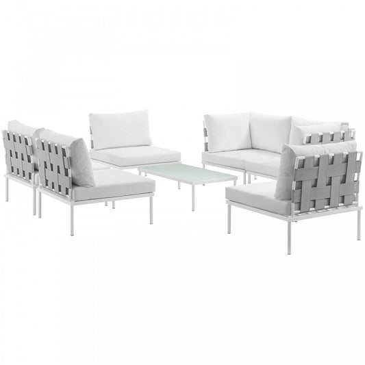 Harmony 7 Piece Outdoor Patio Aluminum Sectional Sofa Set, White White, EEI-2617-WHI-WHI-SET