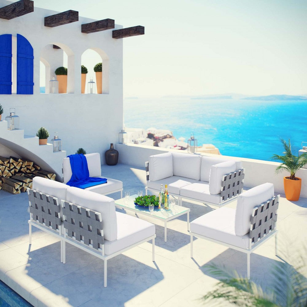Harmony 7 Piece Outdoor Patio Aluminum Sectional Sofa Set, White White, EEI-2617-WHI-WHI-SET