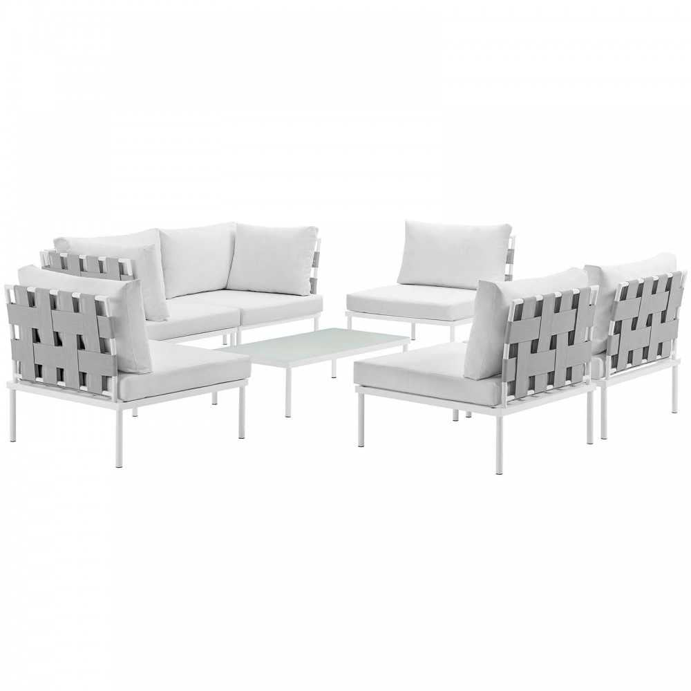 Harmony 7 Piece Outdoor Patio Aluminum Sectional Sofa Set, White White, EEI-2617-WHI-WHI-SET