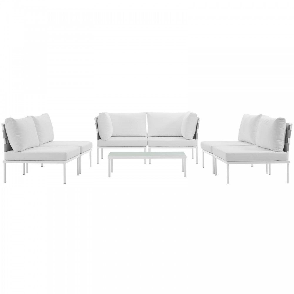 Harmony 7 Piece Outdoor Patio Aluminum Sectional Sofa Set, White White, EEI-2617-WHI-WHI-SET