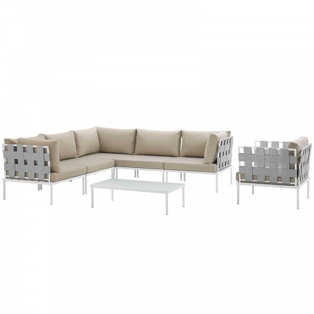 Harmony 7 Piece Outdoor Patio Aluminum Sectional Sofa Set, White Beige, EEI-2620-WHI-BEI-SET
