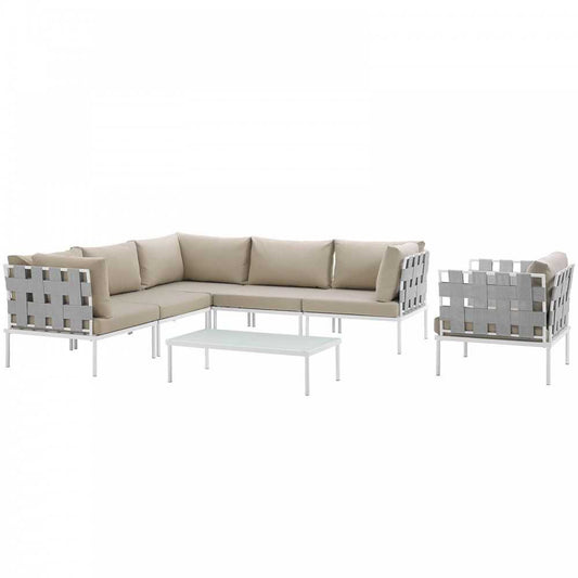 Harmony 7 Piece Outdoor Patio Aluminum Sectional Sofa Set, White Beige, EEI-2620-WHI-BEI-SET