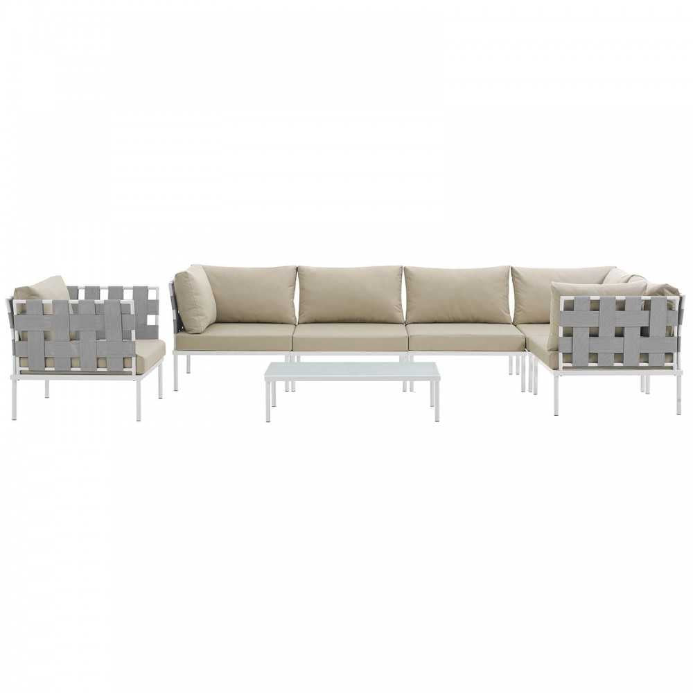 Harmony 7 Piece Outdoor Patio Aluminum Sectional Sofa Set, White Beige, EEI-2620-WHI-BEI-SET