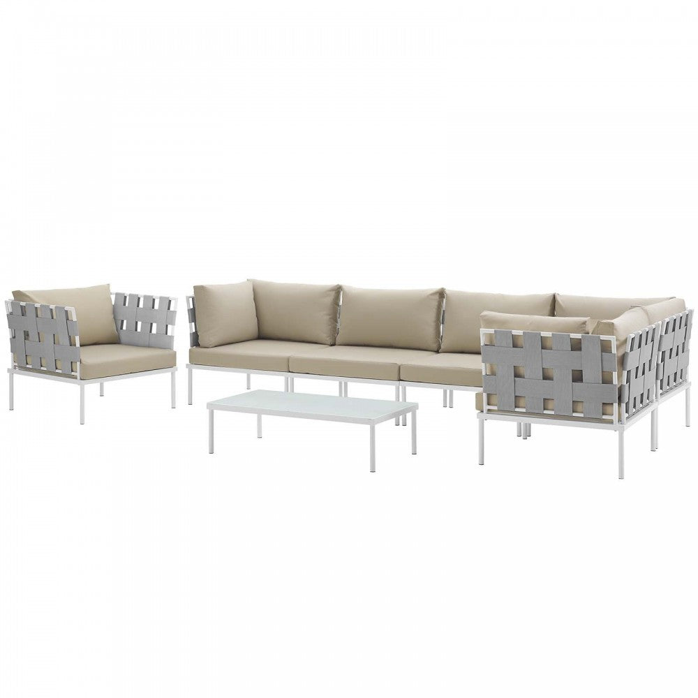 Harmony 7 Piece Outdoor Patio Aluminum Sectional Sofa Set, White Beige, EEI-2620-WHI-BEI-SET