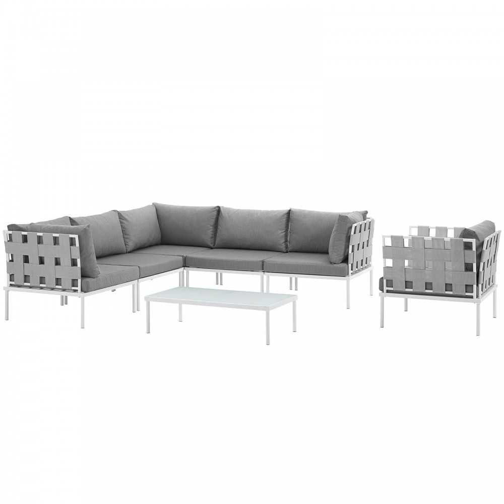 Harmony 7 Piece Outdoor Patio Aluminum Sectional Sofa Set, White Gray, EEI-2620-WHI-GRY-SET