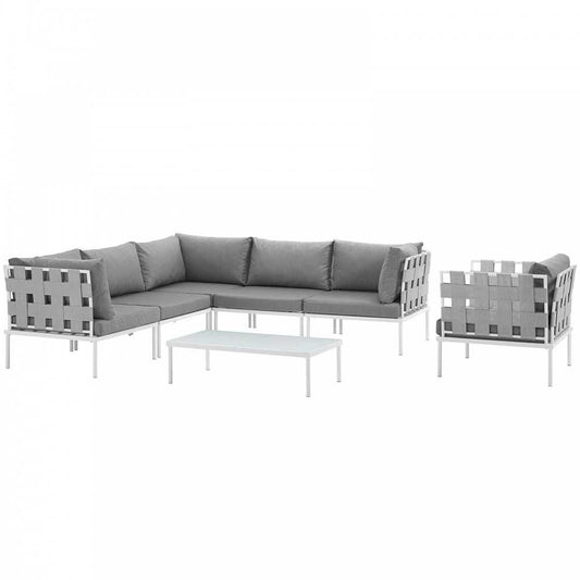 Harmony 7 Piece Outdoor Patio Aluminum Sectional Sofa Set, White Gray, EEI-2620-WHI-GRY-SET