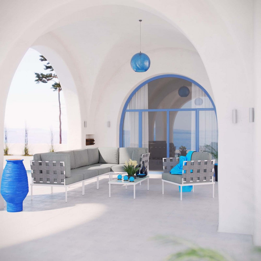Harmony 7 Piece Outdoor Patio Aluminum Sectional Sofa Set, White Gray, EEI-2620-WHI-GRY-SET