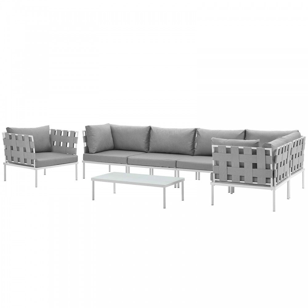 Harmony 7 Piece Outdoor Patio Aluminum Sectional Sofa Set, White Gray, EEI-2620-WHI-GRY-SET