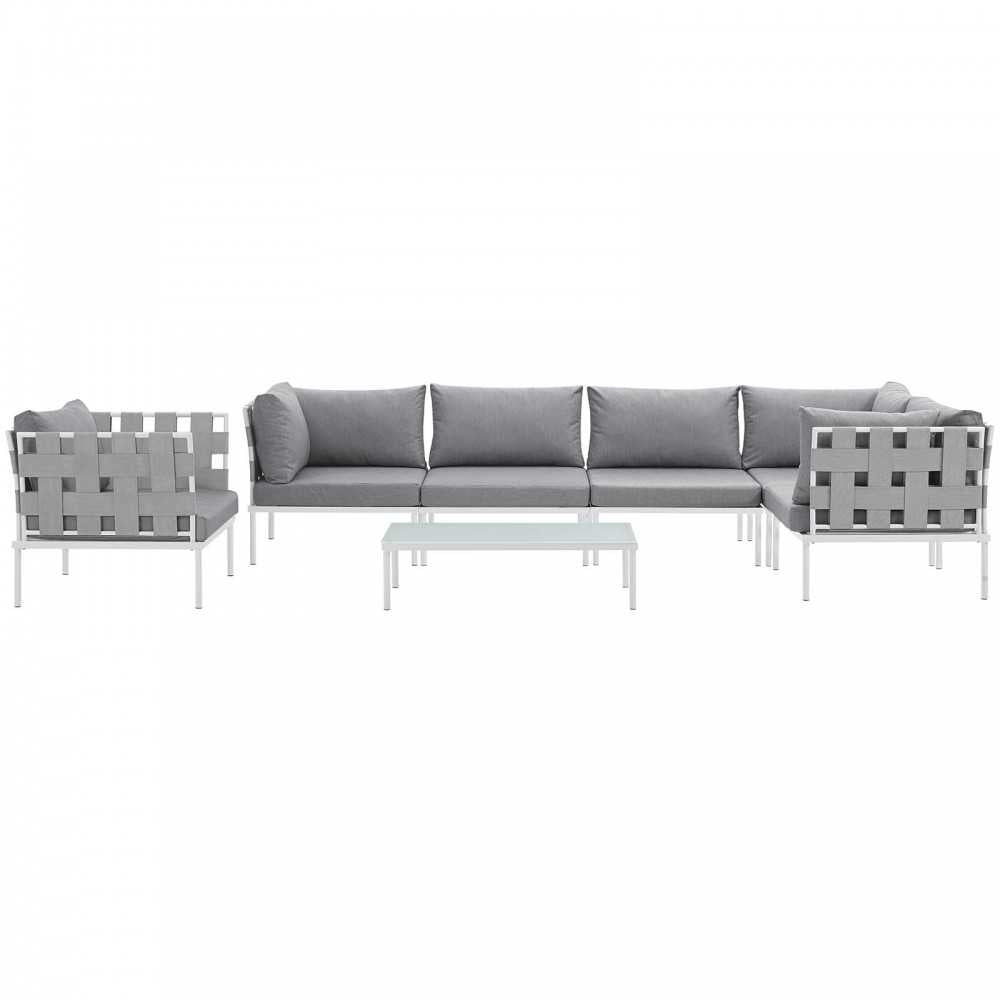 Harmony 7 Piece Outdoor Patio Aluminum Sectional Sofa Set, White Gray, EEI-2620-WHI-GRY-SET