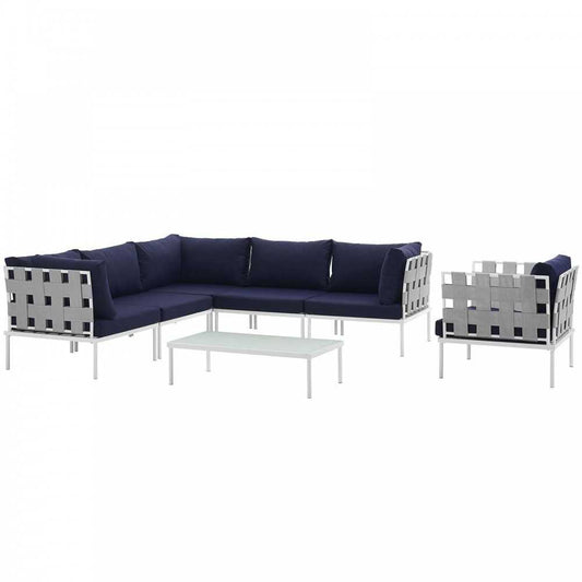 Harmony 7 Piece Outdoor Patio Aluminum Sectional Sofa Set, White Navy, EEI-2620-WHI-NAV-SET