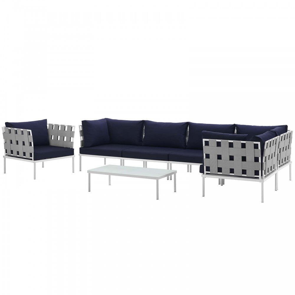 Harmony 7 Piece Outdoor Patio Aluminum Sectional Sofa Set, White Navy, EEI-2620-WHI-NAV-SET