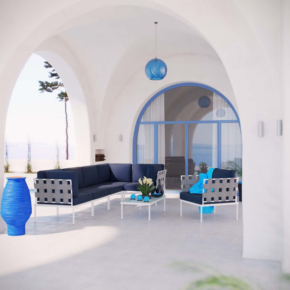 Harmony 7 Piece Outdoor Patio Aluminum Sectional Sofa Set, White Navy, EEI-2620-WHI-NAV-SET