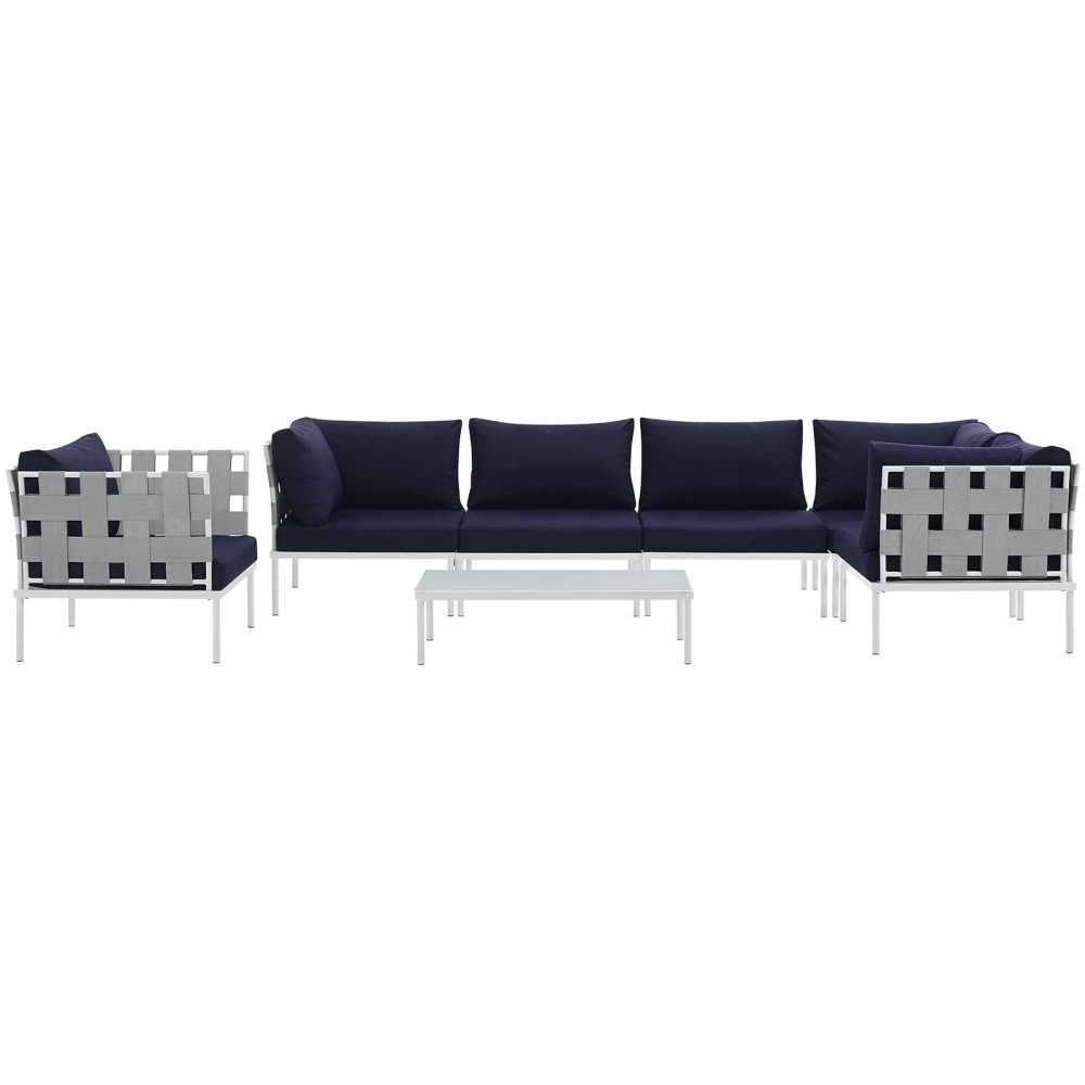Harmony 7 Piece Outdoor Patio Aluminum Sectional Sofa Set, White Navy, EEI-2620-WHI-NAV-SET