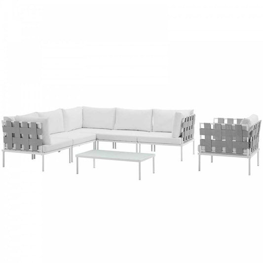 Harmony 7 Piece Outdoor Patio Aluminum Sectional Sofa Set, White White, EEI-2620-WHI-WHI-SET