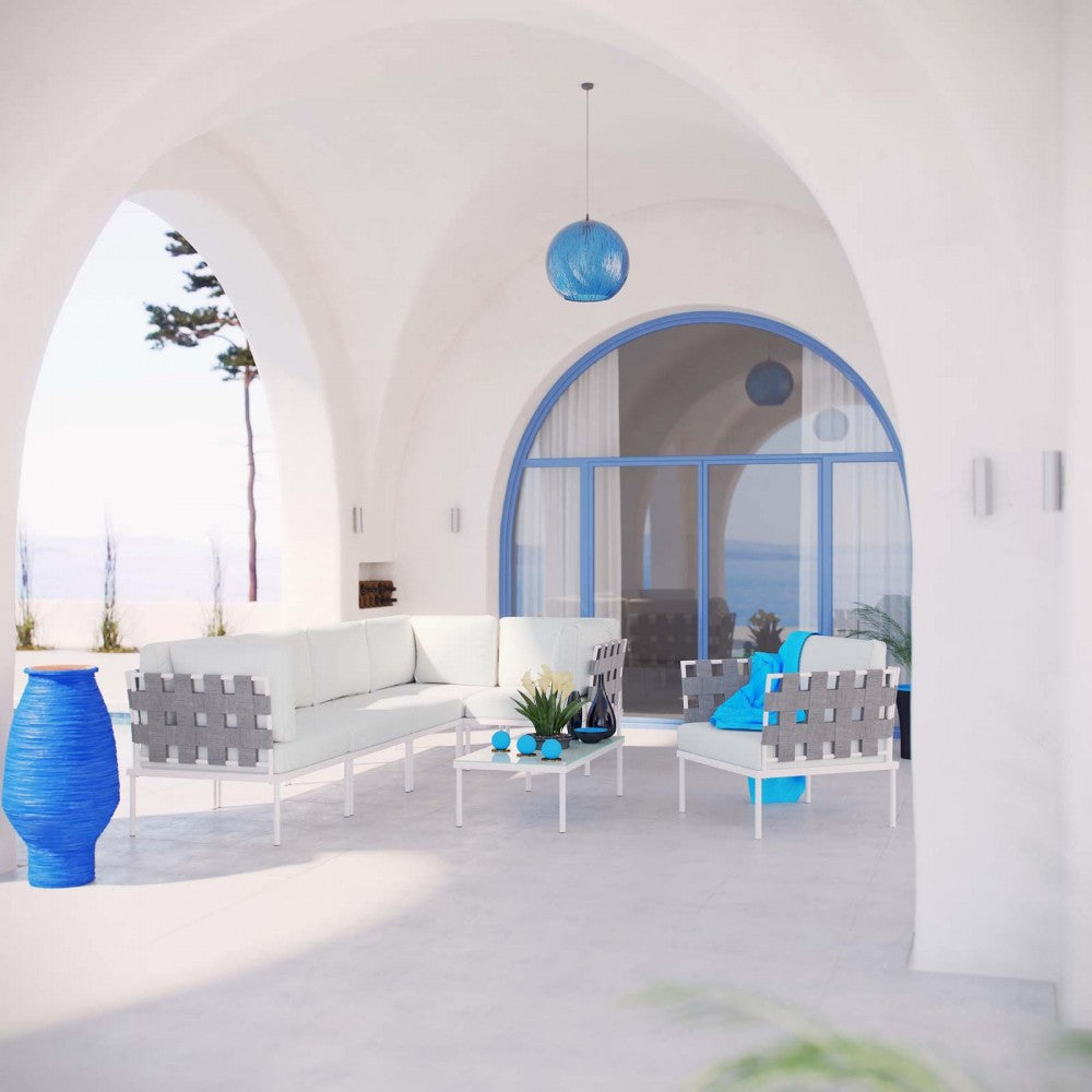 Harmony 7 Piece Outdoor Patio Aluminum Sectional Sofa Set, White White, EEI-2620-WHI-WHI-SET