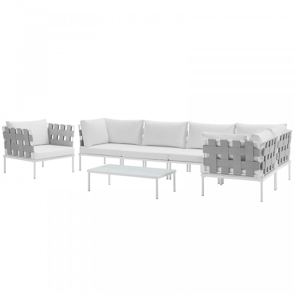 Harmony 7 Piece Outdoor Patio Aluminum Sectional Sofa Set, White White, EEI-2620-WHI-WHI-SET