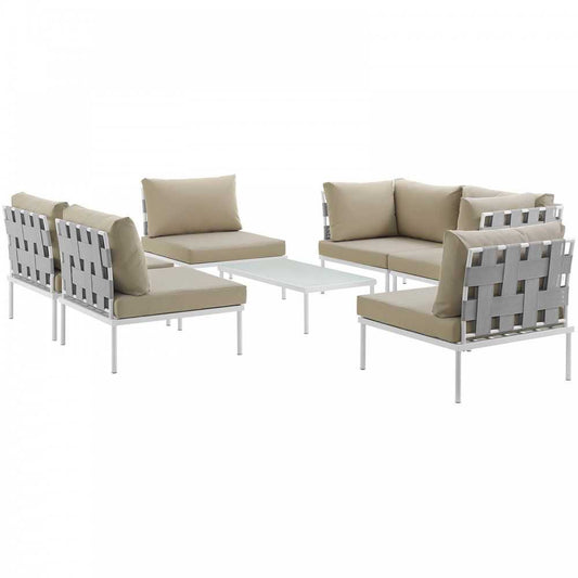 Harmony 7 Piece Outdoor Patio Aluminum Sectional Sofa Set, White Beige, EEI-2617-WHI-BEI-SET