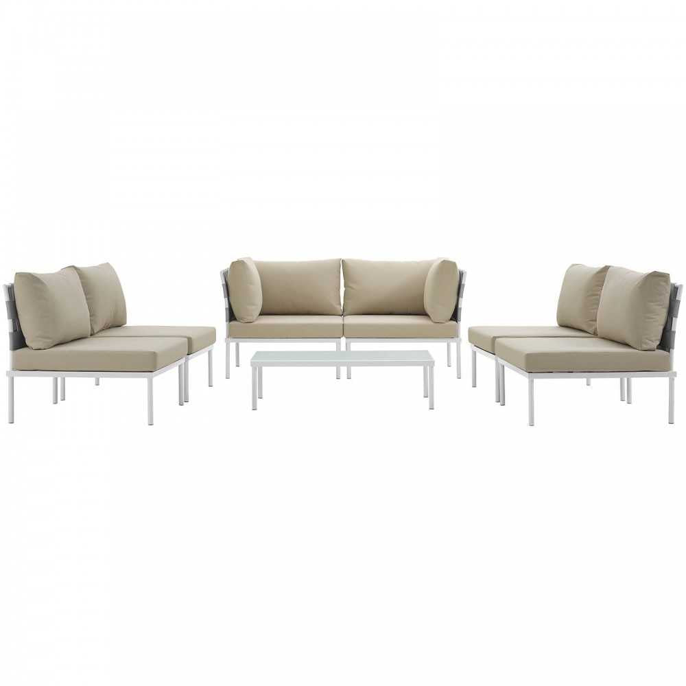 Harmony 7 Piece Outdoor Patio Aluminum Sectional Sofa Set, White Beige, EEI-2617-WHI-BEI-SET