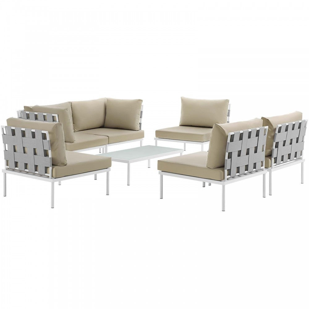 Harmony 7 Piece Outdoor Patio Aluminum Sectional Sofa Set, White Beige, EEI-2617-WHI-BEI-SET