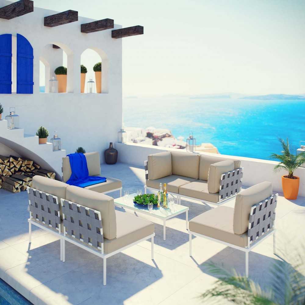 Harmony 7 Piece Outdoor Patio Aluminum Sectional Sofa Set, White Beige, EEI-2617-WHI-BEI-SET