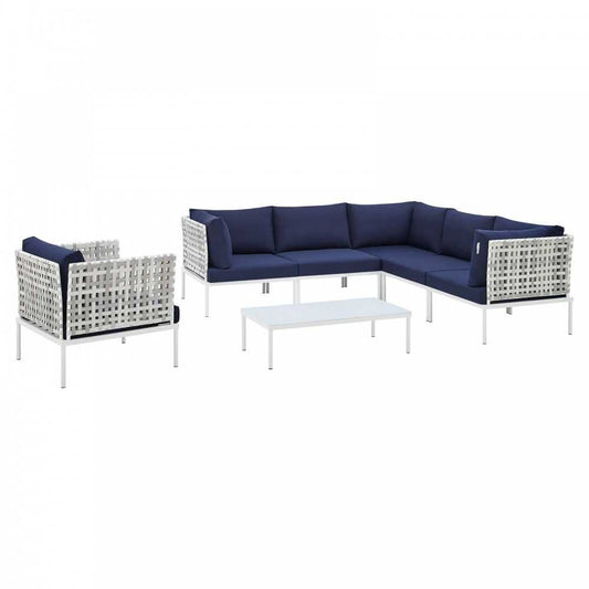 Harmony 7-Piece Sunbrella Basket Weave Outdoor Patio Aluminum Sectional Sofa Set, Taupe Navy