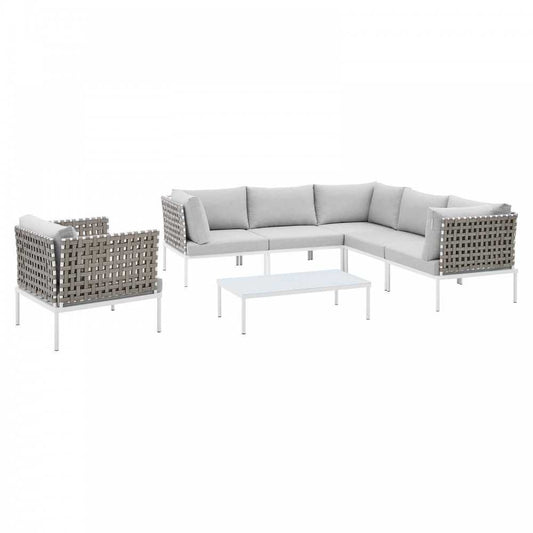 Harmony 7-Piece Sunbrella Basket Weave Outdoor Patio Aluminum Sectional Sofa Set, Tan Gray