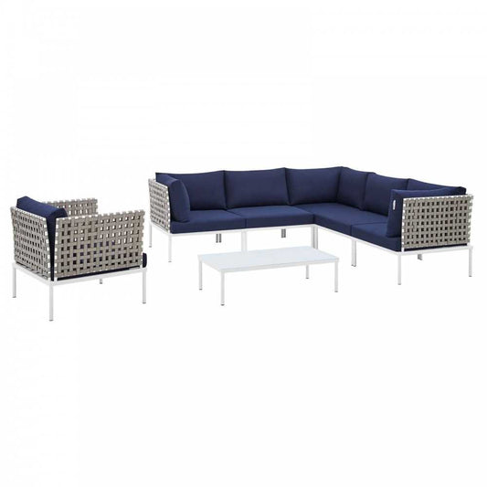 Harmony 7-Piece Sunbrella Basket Weave Outdoor Patio Aluminum Sectional Sofa Set, Tan Navy