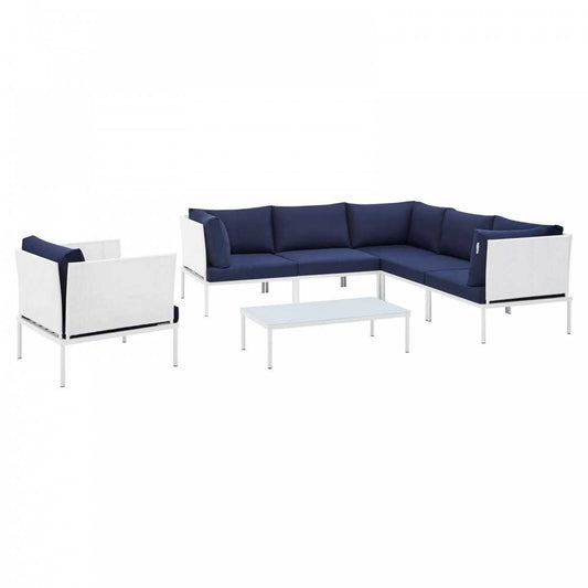 Harmony 7-Piece Sunbrella Outdoor Patio Aluminum Sectional Sofa Set, White Navy