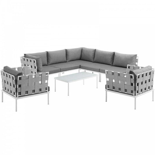 Harmony 8 Piece Outdoor Patio Aluminum Sectional Sofa Set, White Gray, EEI-2619-WHI-GRY-SET