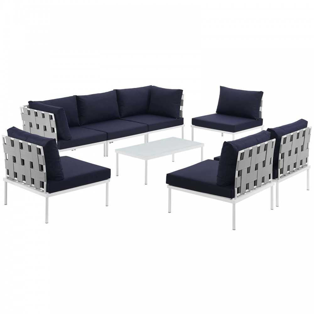 Harmony 8 Piece Outdoor Patio Aluminum Sectional Sofa Set, White Navy, EEI-2625-WHI-NAV-SET