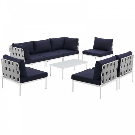 Harmony 8 Piece Outdoor Patio Aluminum Sectional Sofa Set, White Navy, EEI-2625-WHI-NAV-SET